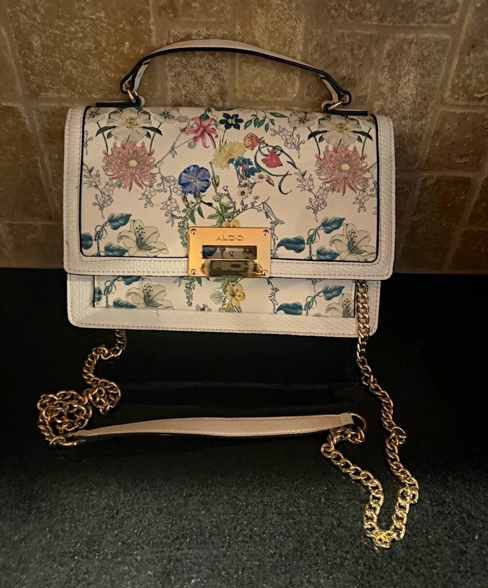 ALDO White Floral Faux Leather Small Convertible Crossbody Top Handle Chain